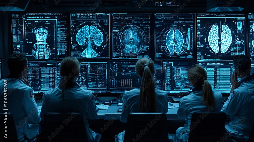 Poster Diverse group of healthcare workers in a conference room, discussing patient care strategies and looking at a digital chart display with empty space for text