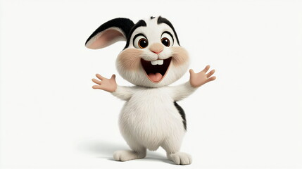 A cute cartoon bunny rabbit with big brown eyes and a toothy grin stands with its paws outstretched against a white background.