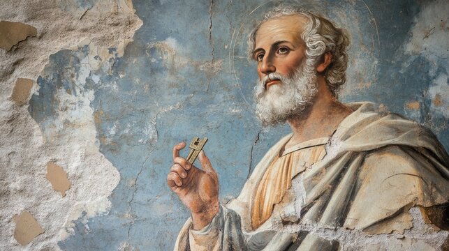 Ancient icon of Saint Peter holding the keys to heaven, painted on a worn fresco