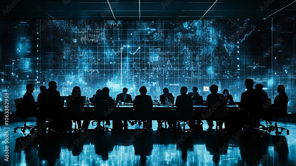 Poster Diverse group of healthcare workers in a conference room, discussing patient care strategies and looking at a digital chart display with empty space for text
