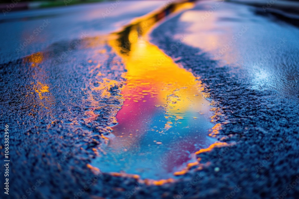 Poster a small pool of water on a wet road, great for showing weather conditions or as a background