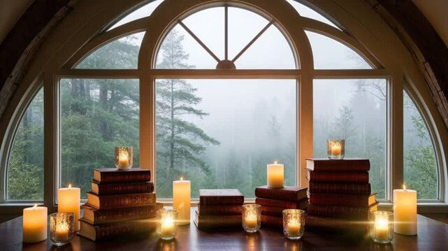 Cozy candles and books on a wooden table with a misty window view.