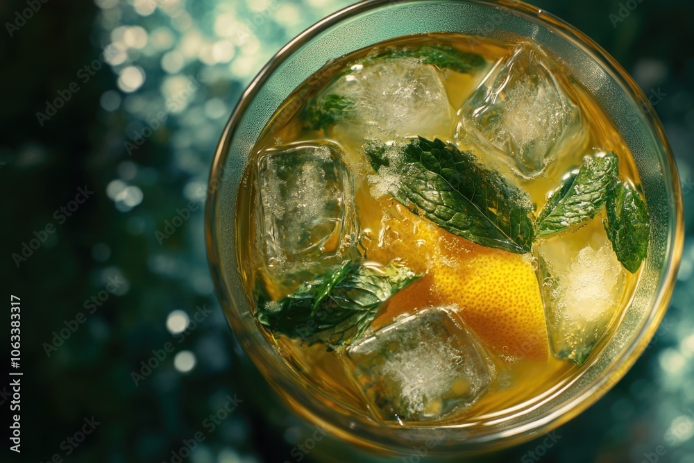 Poster A close-up shot of a refreshing drink with ice cubes and a slice of lemon