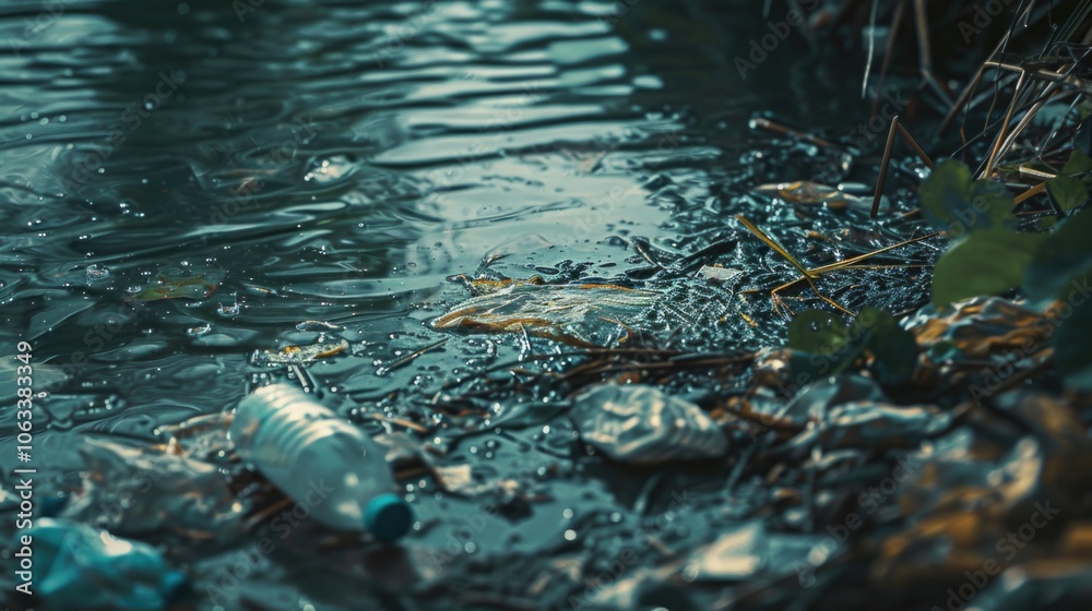Poster a picture of trash floating on the surface of a body of water, likely an environmental concern