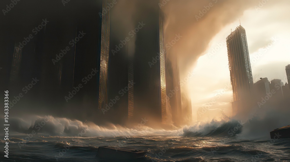 Poster a dramatic scene of towering structures amidst turbulent waters and ominous skies.