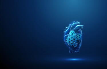 Abstract blue human heart with gears inside. Heart diseases, treatment and healthcare medical concept. Low poly style