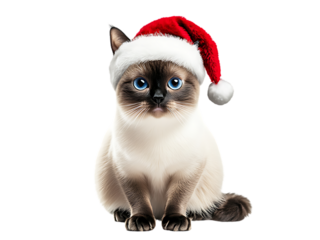 Fat baby Siamese cat sitting in Christmas Santa hat costume isolated on transparent background PNG