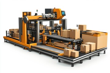 Modern packaging machine loaded with cardboard boxes in a busy warehouse. This efficient system streamlines operations and enhances productivity. Generative AI