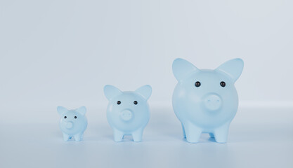 Piggy bank family standing in order on pink background, Family money savings, home financial concept