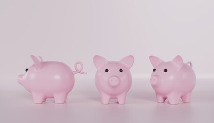 Piggy bank family standing in order on pink background, money saving concept