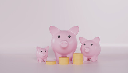 Piggy bank family with stacking money coins, Family financial, Money savings, Investment concept on pink color background