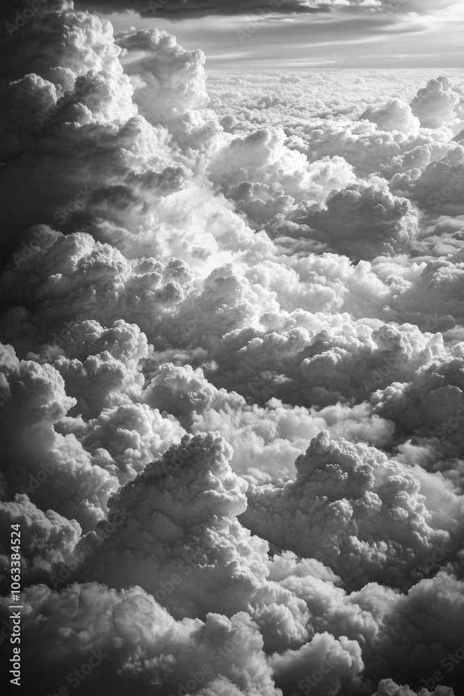 Poster aerial view of clouds taken from airplane window, great for travel or weather-related use