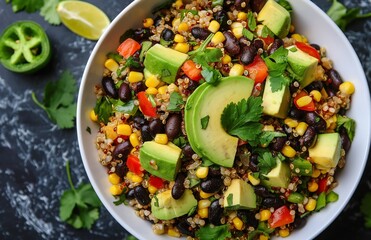 Vegetarian quinoa salad with black beans, corn and avocado.
