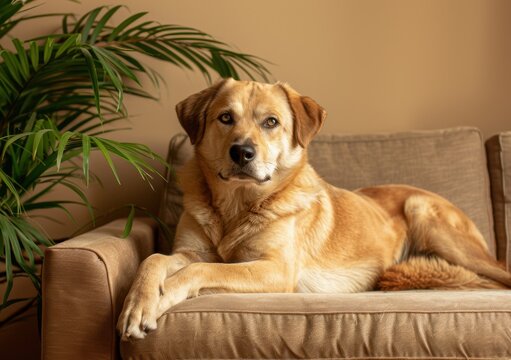 Dog on Couch with Plant