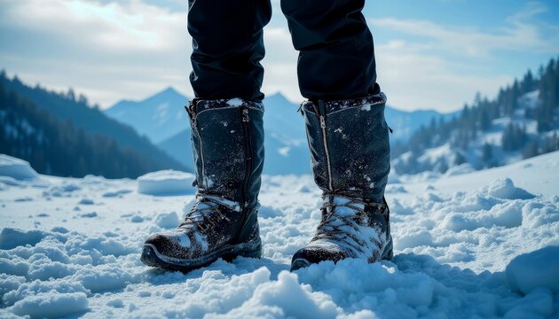 Winter uggs standing on snowy ground in a mountainous landscape