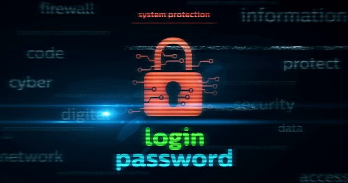 Cyber security with padlock symbol technology loop concept. Abstract sign on glitch screens seamless and looped.