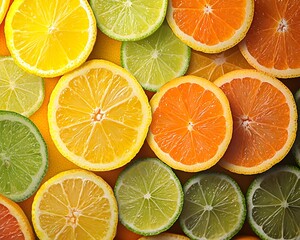Obraz premium Assorted Colorful Citrus Fruit Slices Flat Lay Arrangement with Orange Lemon Lime on Wooden Background