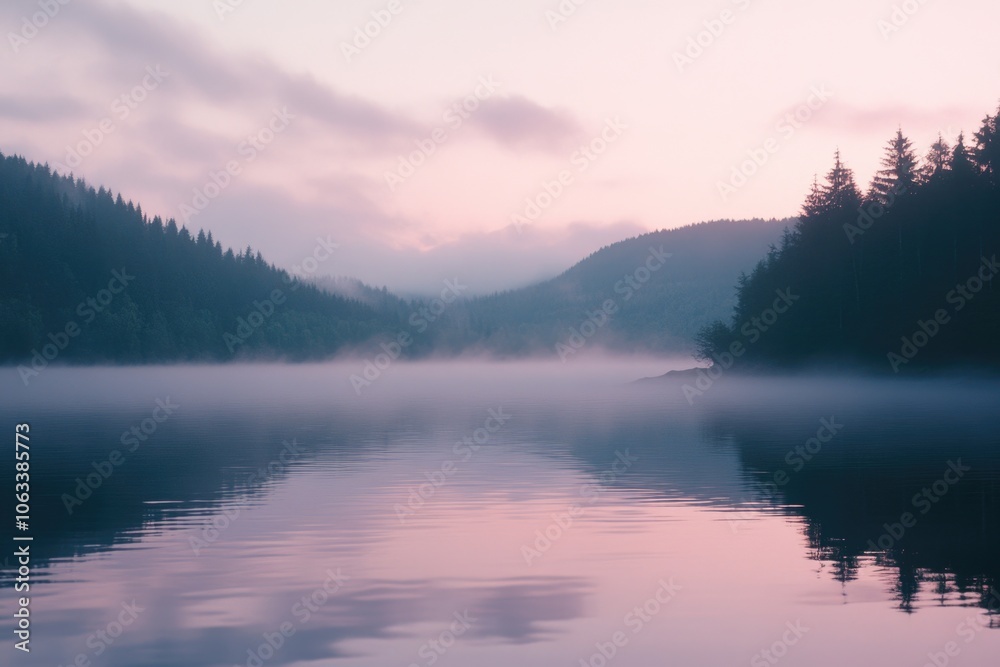 Poster a serene lake scene with a small boat floating in the center, surrounded by lush greenery and possib