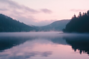 Fototapeta premium A serene lake scene with a small boat floating in the center, surrounded by lush greenery and possibly a pier or shore
