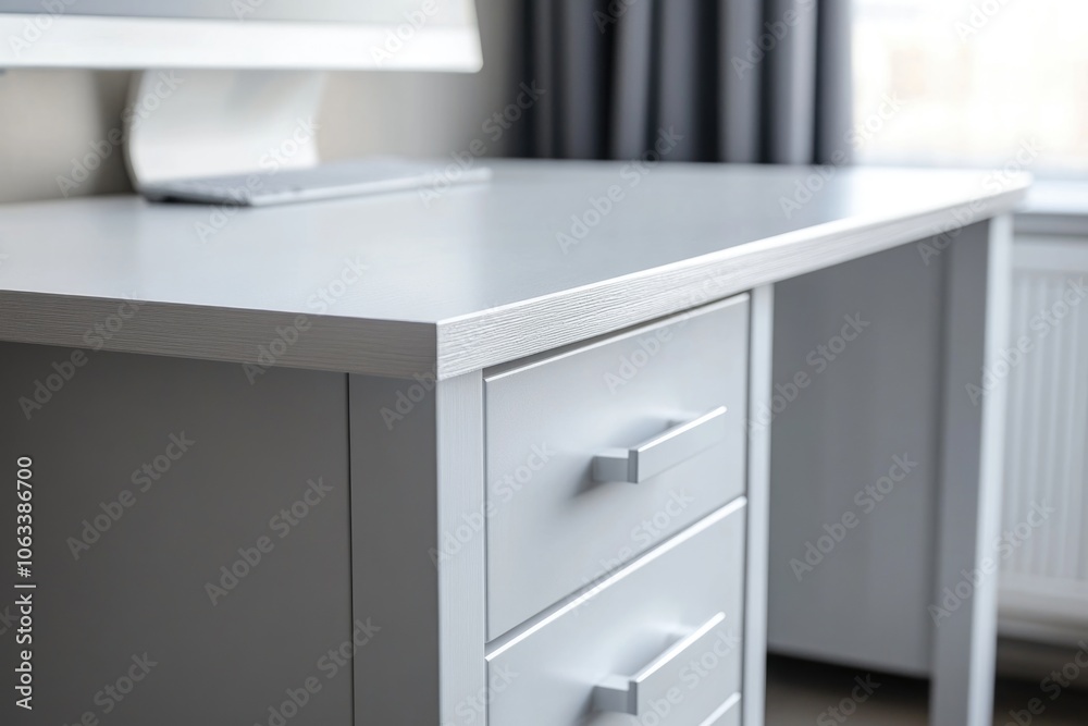 Poster a modern workspace with a computer monitor placed on a white desk, ideal for office or home use