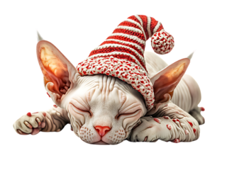 Sphynx cat sleeping in Christmas candy cane costume isolated on transparent background PNG