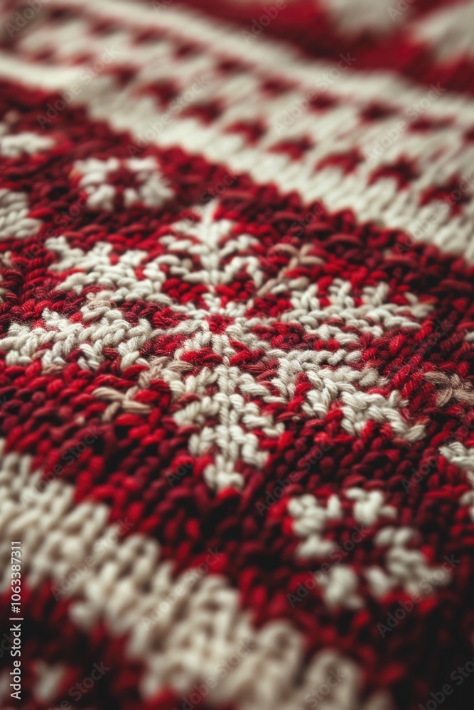 Poster A close-up view of a red and white knitted blanket with intricate patterns