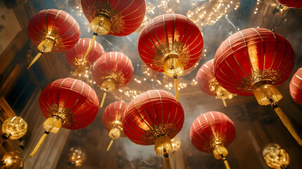 Naklejka premium Red Chinese Lanterns Hanging From Ceiling Illustration