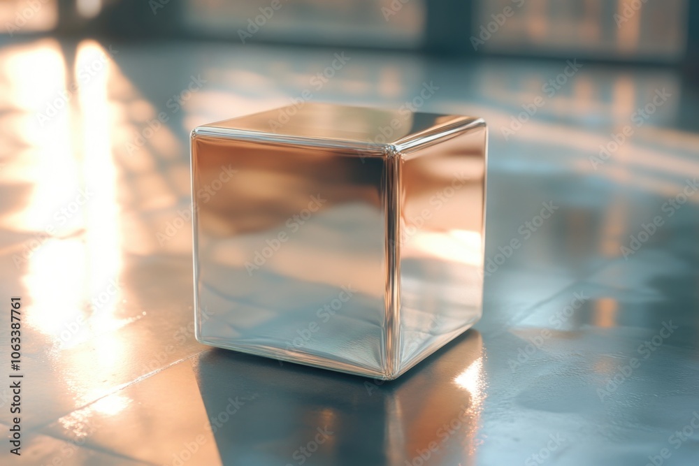 Poster a small, reflective cube sits on a smooth surface