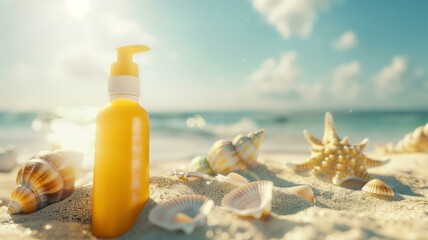 Sunscreen lotion bottle on sandy beach surrounded by seashells in sunlight
