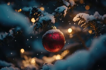 A red ornament hangs from a snowy tree branch