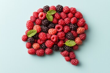 Superfood and human body shape concept. A colorful arrangement of raspberries and blackberries shaped like a speech bubble adorned with fresh mint leaves