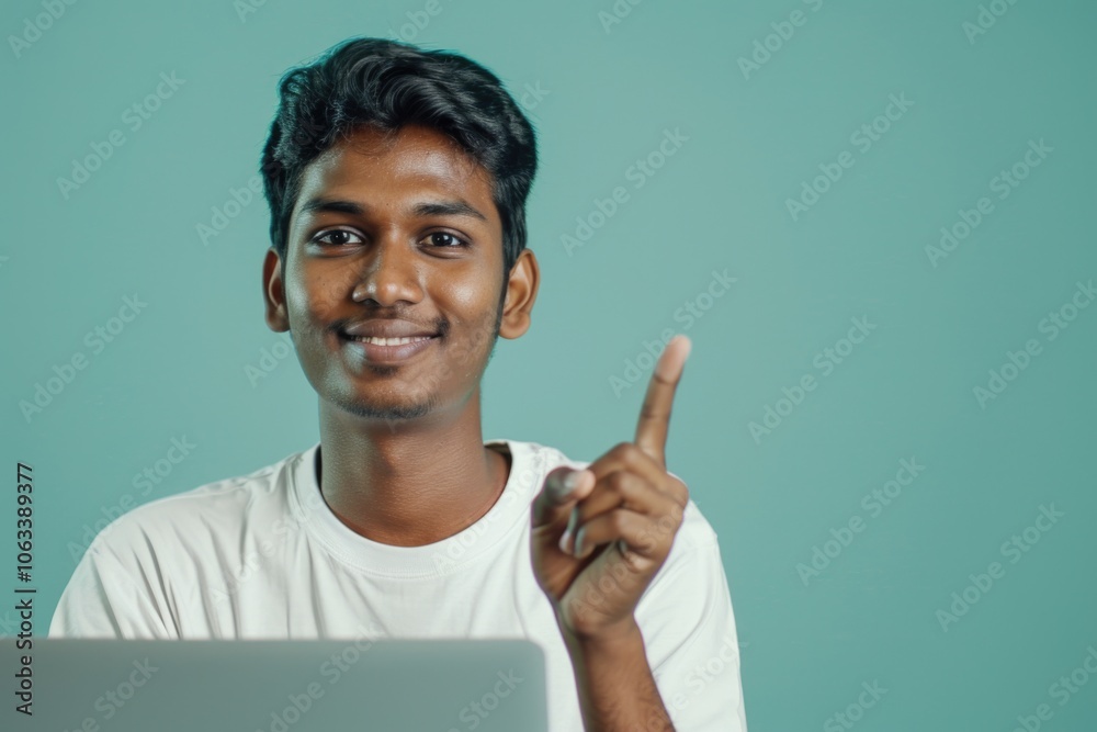 Poster a young man examining the display on his laptop with a raised index finger