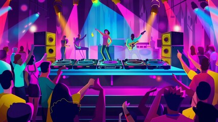 Energetic DJ performing live in a vibrant nightclub scene
