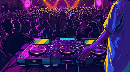 Energetic DJ performing live in a vibrant nightclub scene
