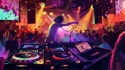 Energetic DJ performing live in a vibrant nightclub scene
