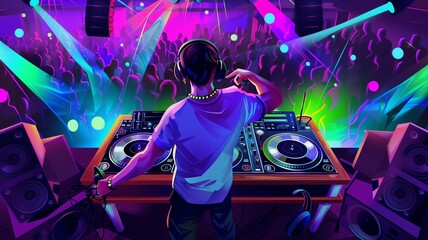 Energetic DJ performing live in a vibrant nightclub scene
