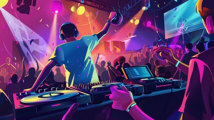 Energetic DJ performing live in a vibrant nightclub scene
