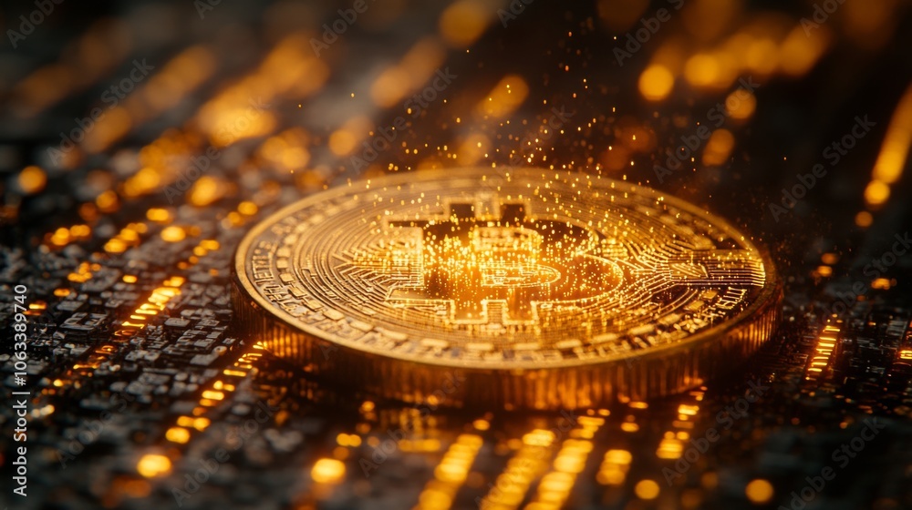 Leinwandbilder a golden cryptocurrency coin rests on a glowing circuit board, surrounded by illuminated digital pat