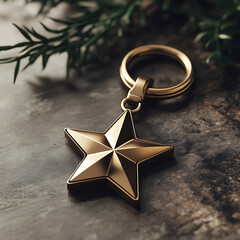 Golden star-shaped keychain on a rustic stone surface with greenery.