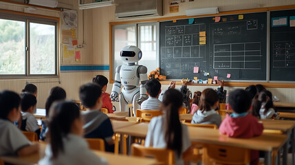 Robot teaching a classroom full of children, engaged and attentive.
