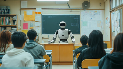 Robot teaching students in a classroom, modern educational environment.