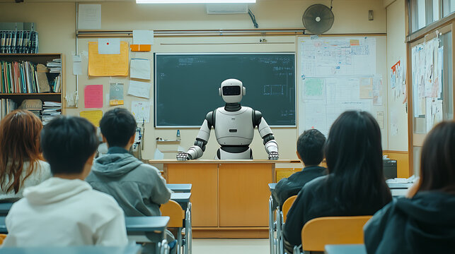 Robot teaching students in a classroom, modern educational environment.