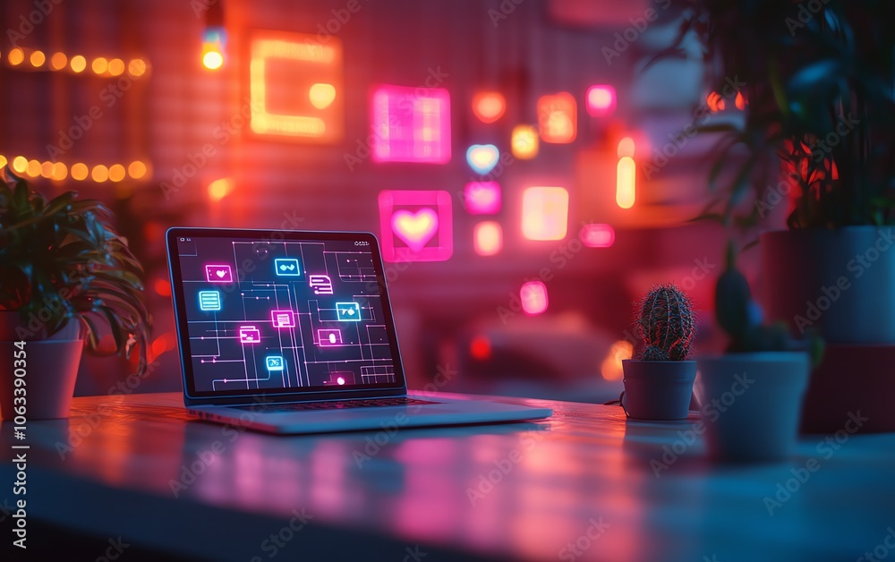 Poster a futuristic workspace with a laptop and smartphone displaying different social media applications, 
