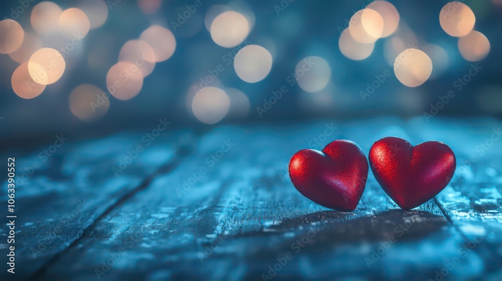 Poster two red heart-shaped decorations on a wooden surface with a blurred background of lights.