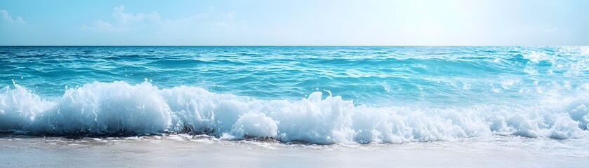 Fototapeta premium A Gentle Wave Crashing on a Sandy Beach Under a Clear Blue Sky