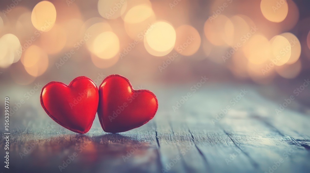 Poster two decorative hearts on a wooden surface with a blurred bokeh background.