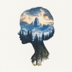 Nature's Reflection: Abstract Double Exposure Portrait of Young Woman, Promoting Mental Health with Eco Style Watercolor Illustration and Copy Space