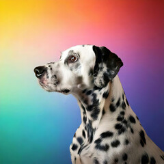 simple portrait of a Dalmatian dog, rainbow background	