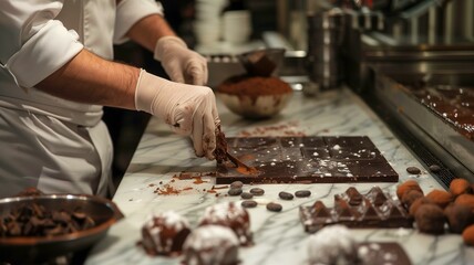 Meticulous chocolatier crafting and tempering fine chocolate in a professional kitchen
