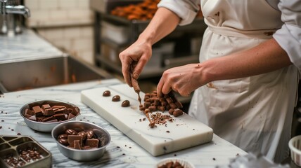 Meticulous chocolatier crafting and tempering fine chocolate in a professional kitchen
